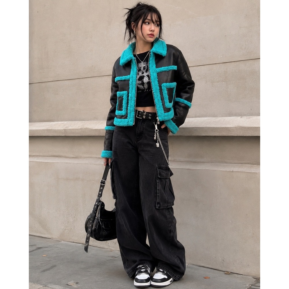 Glamorous Faux Leather Moto Jacket Black Turquoise Blue Shearling S Streetwear